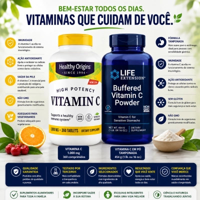 Kit Imunidade e Antioxidante, Vitamina C 1000mg + Vitamina C Tamponada 4000mg, Healthy Origins + Life Extension