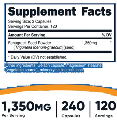 Fenugreek, Feno Grego 1350mg, 240 Cápsulas, Nutricost