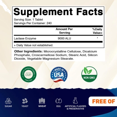 Lactase 9000 FCC, Digestão da Lactose e Conforto Após Laticínios, 240 Comprimidos, Vitamatic