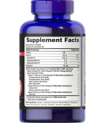 Triplo Ômega 3-6-9 Óleo de Linhaça e Borragem, Força Máxima, 120 Cápsulas, Puritan's Pride