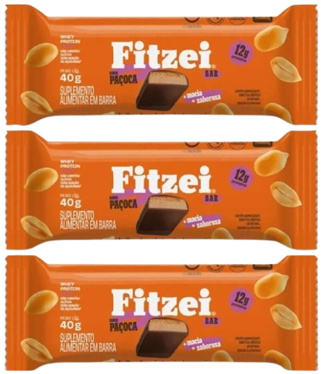 Barras de Proteína Fitzei, Zero adição de Açúcares, 3 Unidades Sabor Paçoca, Vitafor