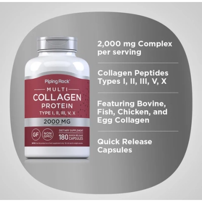Proteína Multicolágeno 2000mg, Tipos I, II, III, V, X, 180 Cápsulas, PipingRock