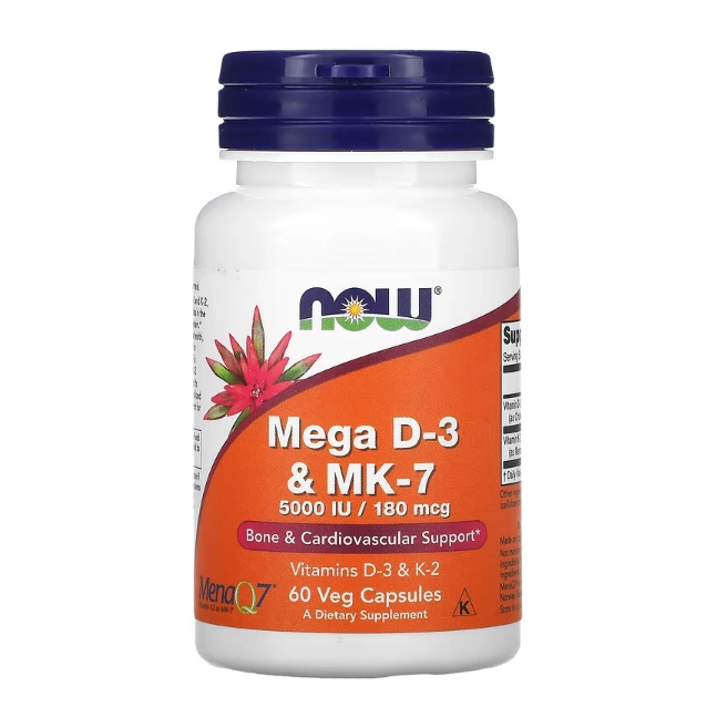 Mega D-3 e MK-7, 180mcg (5.000 UI), 60 Cápsulas, Now