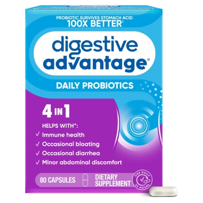 Probiótico Diário 4 em 1, Conforto Digestivo e Equilíbrio Intestinal, 80 Cápsulas, Digestive Advantage Probiótico Diário 4 em 1, Conforto Digestivo e Equilíbrio Intestinal, 80 Cápsulas, Digestive Advantage