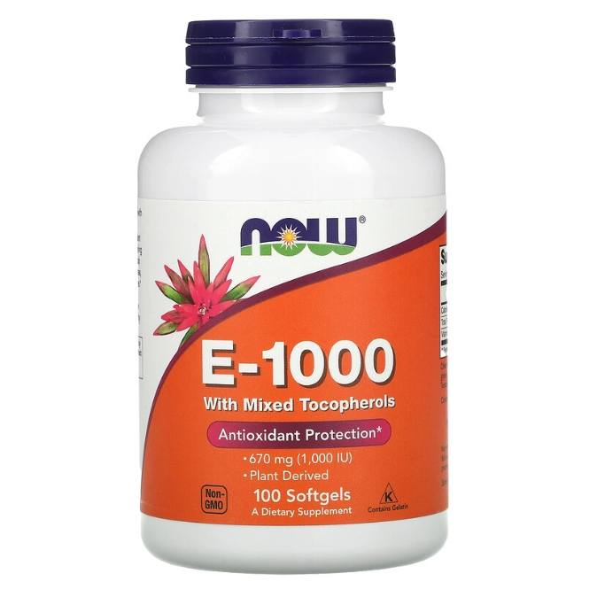 Vitamina E, 670 mg (1.000 UI) com Tocoferóis Mistos, 100 Cápsulas, Now
