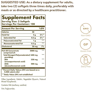 Ômega-3 2000mg, Ácidos Graxos EPA 320mg e DHA 200mg, 240 Softgels, Solgar