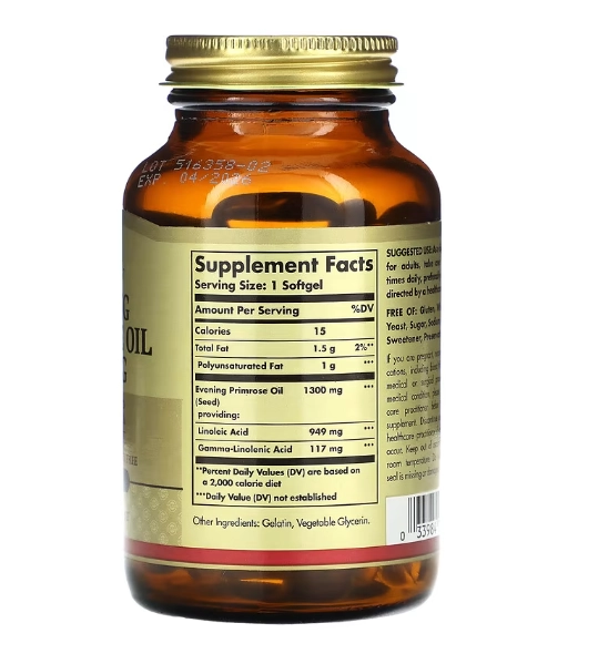 Óleo de prímula, Evening primrose, 1300mg, 60 Cápsulas, Solgar