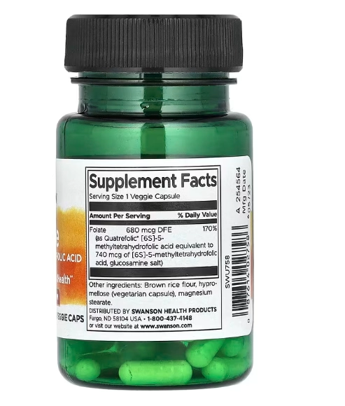 Ácido Folato, 680mcg, 30 Cápsulas, Swanson