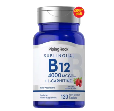 Vitamina B12, 4000mcg, + L-Carnitina, 120 comprimidos Sublingual, PipingRock
