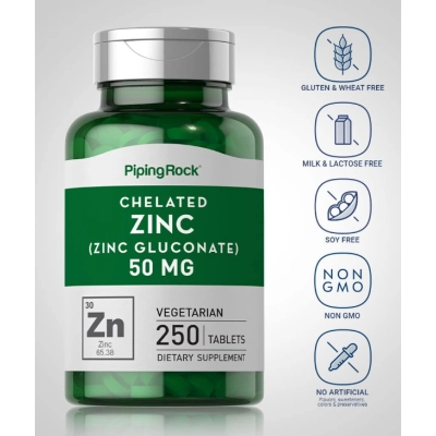 Zinco Gluconato Quelatado 50mg, 250 Comprimidos, Piping Rock
