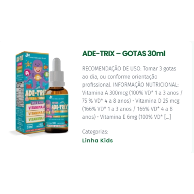 Kit 3 Unidades, ADE-TRIX (Vitaminas A, D e E) Sabor Morango, 30ml - Flora Nativa do Brasil