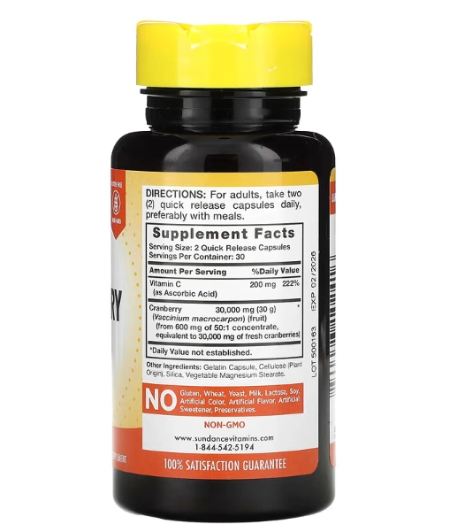 Cranberry de Força Tripla, 30000mg, 60 Cápsulas, Sundance