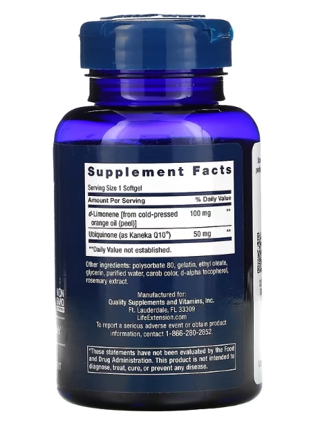 Coenzima CoQ10 + D-limoneno, 50mg, 60 cápsulas, Life Extension