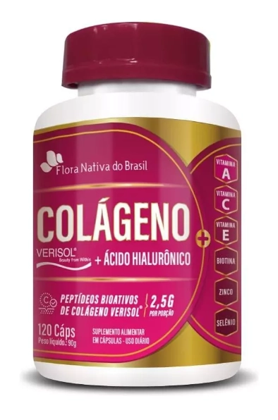 Colágeno Verisol com Ácido Hialurônico, 750mg, 120 Cápsulas, Flora Nativa