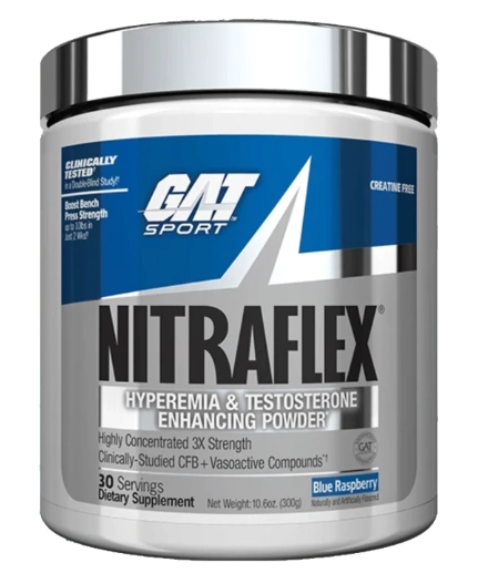 Pre Treino Nitraflex, 300g Sabor Blue Rasperry, GAT Sport