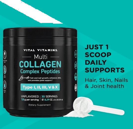 Peptídeos de Colágeno em Pó,  Tipo I, II, III, V, X, 235g Sem Sabor, Vital Vitamins