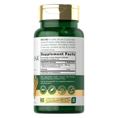 KSM-66 Ashwagandha 600mg + Melatonina 5mg, 70 Cápsulas, Carlyle