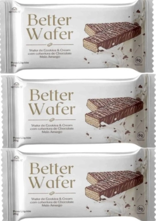 Better Wafer Proteica, Sabor Cookies & Cream com Cobertura de Chocolate Meio Amargo, 3 Unidade 25g Cada, Betterlife