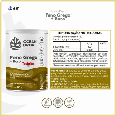 Feno Grego + Boro, Testofen, 500mg, 120 Cápsulas, Ocean Drop