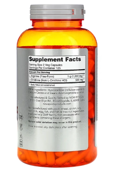 Arginina 500mg e Ornitina 250mg, 250 Cápsulas, Now