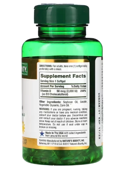 Vitamina D3, 50mcg 2.000UI, 240 cápsulas, Nature's Bounty