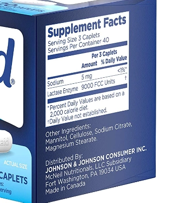 Suplemento Lactaid Original, 120 capsulas mastigáveis.