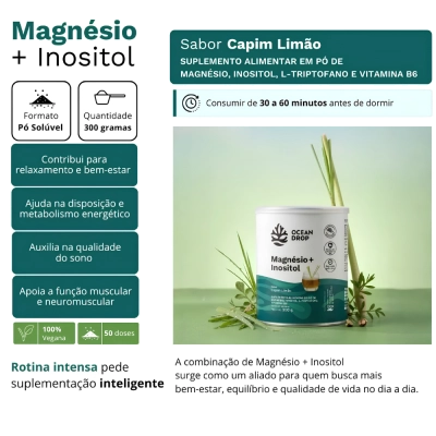 Magnésio + Inositol,  300g, Sabor Capim Limão, Ocean Drop