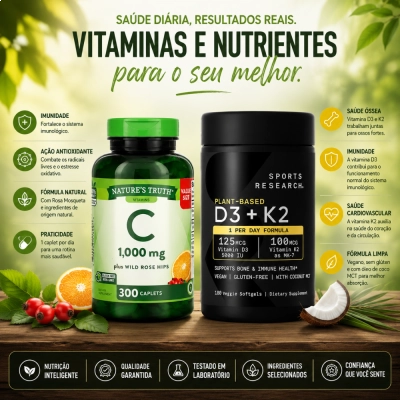 Kit Saúde Óssea e Imunidade, Vitamina C 1000mg + Vitamina D3 5000UI K2, Nature’s Truth + Sports Research