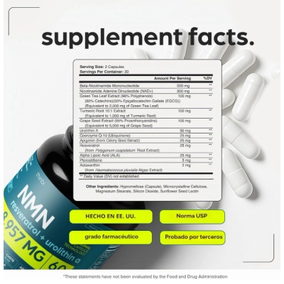 NAD+  8,957mg Lipossomal Com Resveratrol e Urolitina A, 60 Cápsulas, Thinbi
