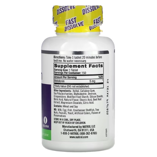 Melatonina 5mg, Fast Dissolve, 150 Comprimidos, Natrol