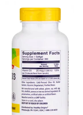 Vitamina D3, 1000IU, 360 Softgels, Healthy Origins