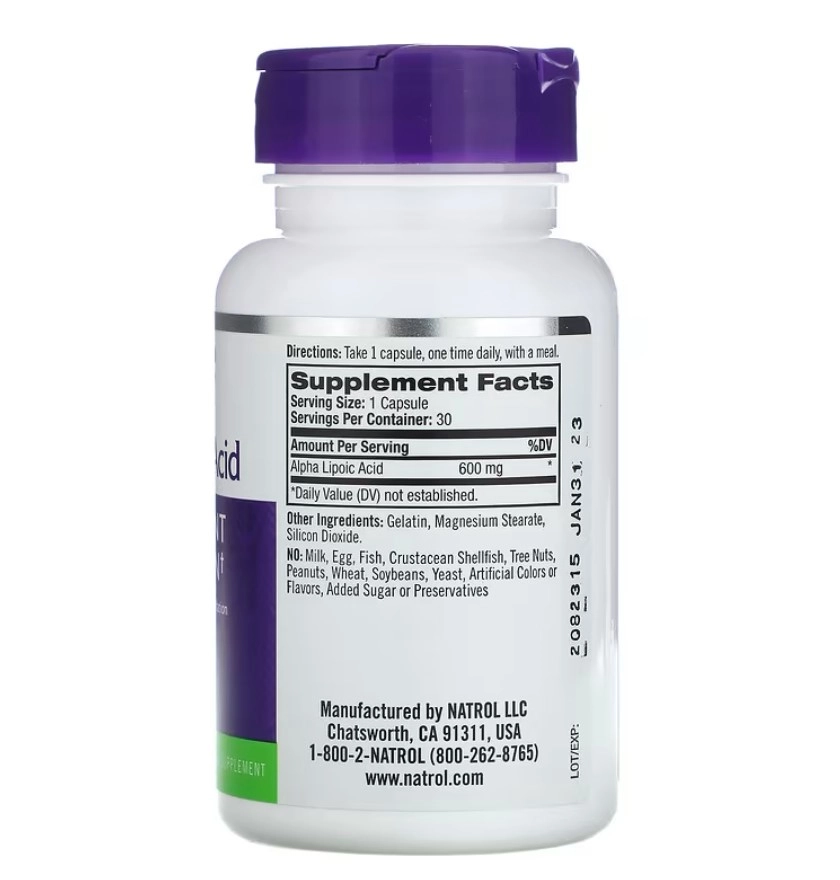 Ácido Alfa Lipoico, 600 mg, 30 Cápsulas, Natrol