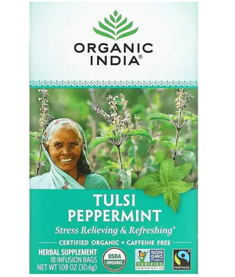 Chá Tulsi, Hortelã-Pimenta, Sem Cafeína, 18 Sacos, 30,6g Organic India