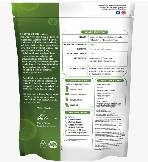 Moringa em Pó, Para Saúde digestiva e Rico em fibra, 240g, MRM Nutrition