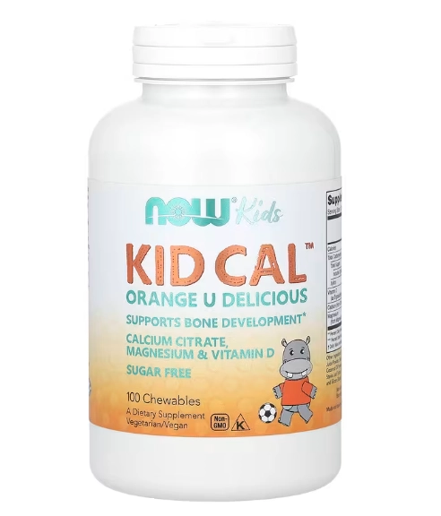 Kid Cal Com Cálcio, magnésio e vitamina D, 100 Comprimidos Mastigáveis Sabor Laranja, Now