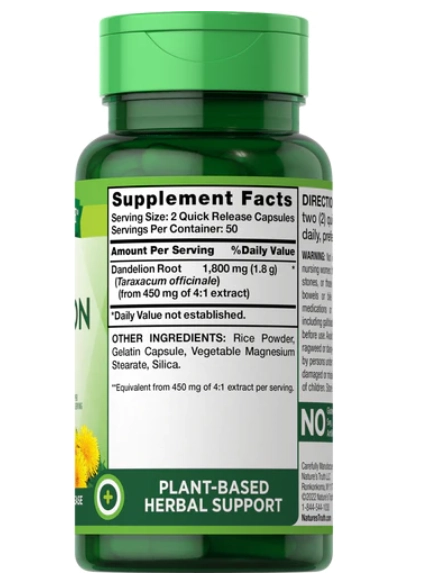 Dandelion Root, Raiz de Dente de Leão, 1800mg, 100 Cápsulas, Nature's Truth
