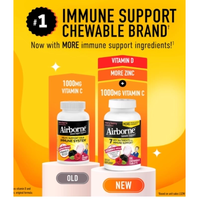 Vitamina C 1000mg, Reforço Imunológico com Vitaminas, Zinco, Selênio e Gengibre, 116  Comprimidos Mastigáveis, Airborne 