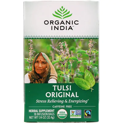 Chá (Tulsi Tea Alívio do Estresse e Energização ) Sabor Original, 18 Sachês de Infusão, Organic India