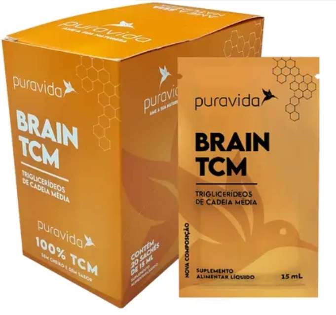 Brain TCM, óleo de coco, Caixa com 20 Saches, PuraVida