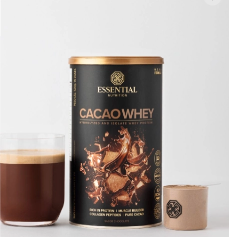 Cacao Whey, Blend de Whey Protein Hidrolisado e Isolado, Cacau Gourmet e Peptídeos de Colágeno hidrolisado, 420g, Essent