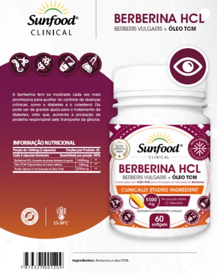 Berberina HCL 1500mg, Com Oleo TCM, 60 Cápsulas, Sunfood