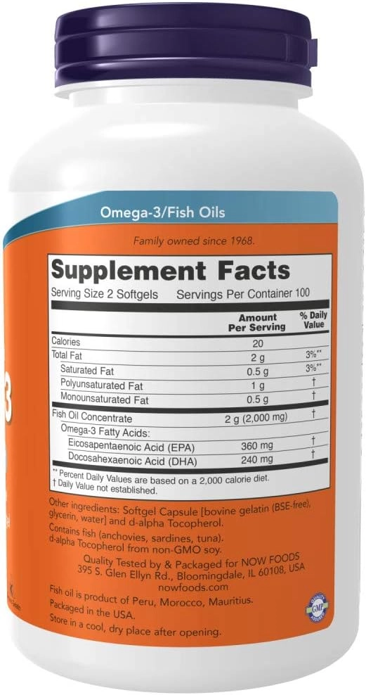 Ômega-3, 1000mg, 180 EPA/120 DHA, 200 Cápsula Softgel, Now