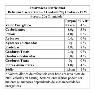Delicious Paçoca, 3 Unidades 20g Cada, Sabor Cookies, FTW