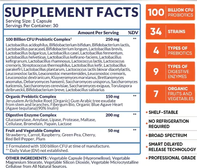 Probióticos Orgânicos Crus, 100 Bilhões CFU, Prebióticos e Enzimas Digestivas, 30 Cápsulas, Wholesome Wellness
