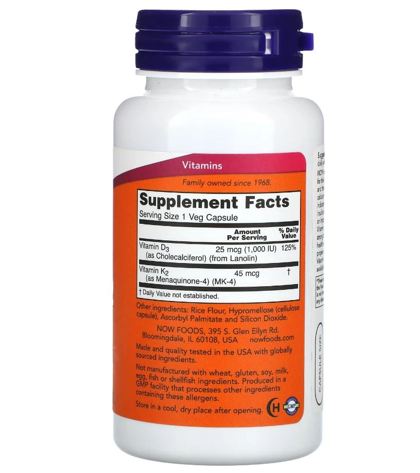 Vitamina D3 1,000 IU & K2 45mcg, 120 capsulas, Now