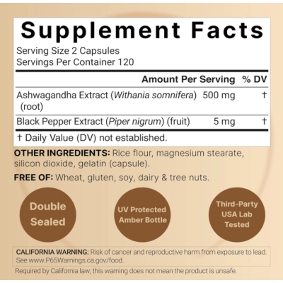 Ashwagandha Root com Black Pepper Extract,  240 Cápsulas, NatureBell