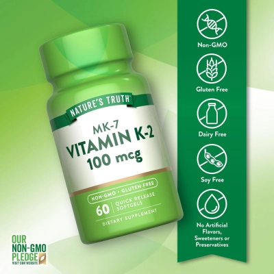 Vitamin K2 MK-7, 100mcg, 60 Softgel, Natures Truth