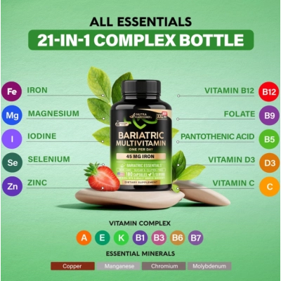 Bariatric Multivitamin, Multivitamínico Bariátrico 21 Vitaminas Essenciais com ferro 45mg, 180 Cápsulas, Nutraharmony
