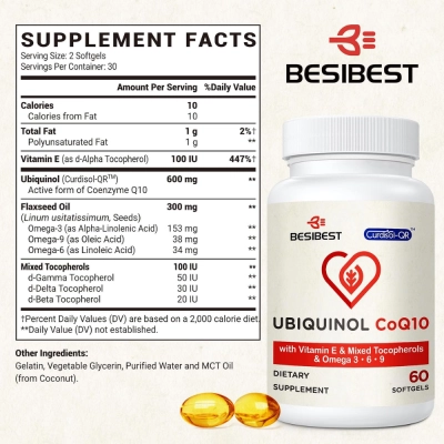Ubiquinol CoQ10 600 mg com Ômega 3, 6, 9, 60 Softgels, Besibest