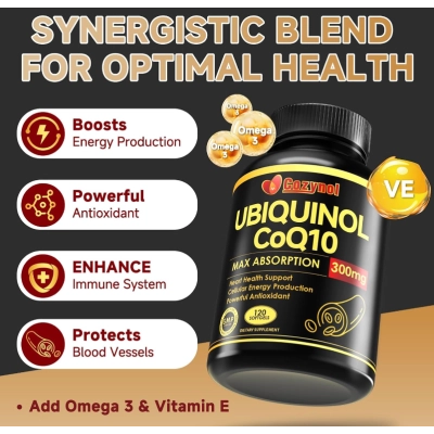 Ubiquinol CoQ10 300mg, com Vitamina E &amp; Ômega 3, 120 Cápsulas, Cozynol